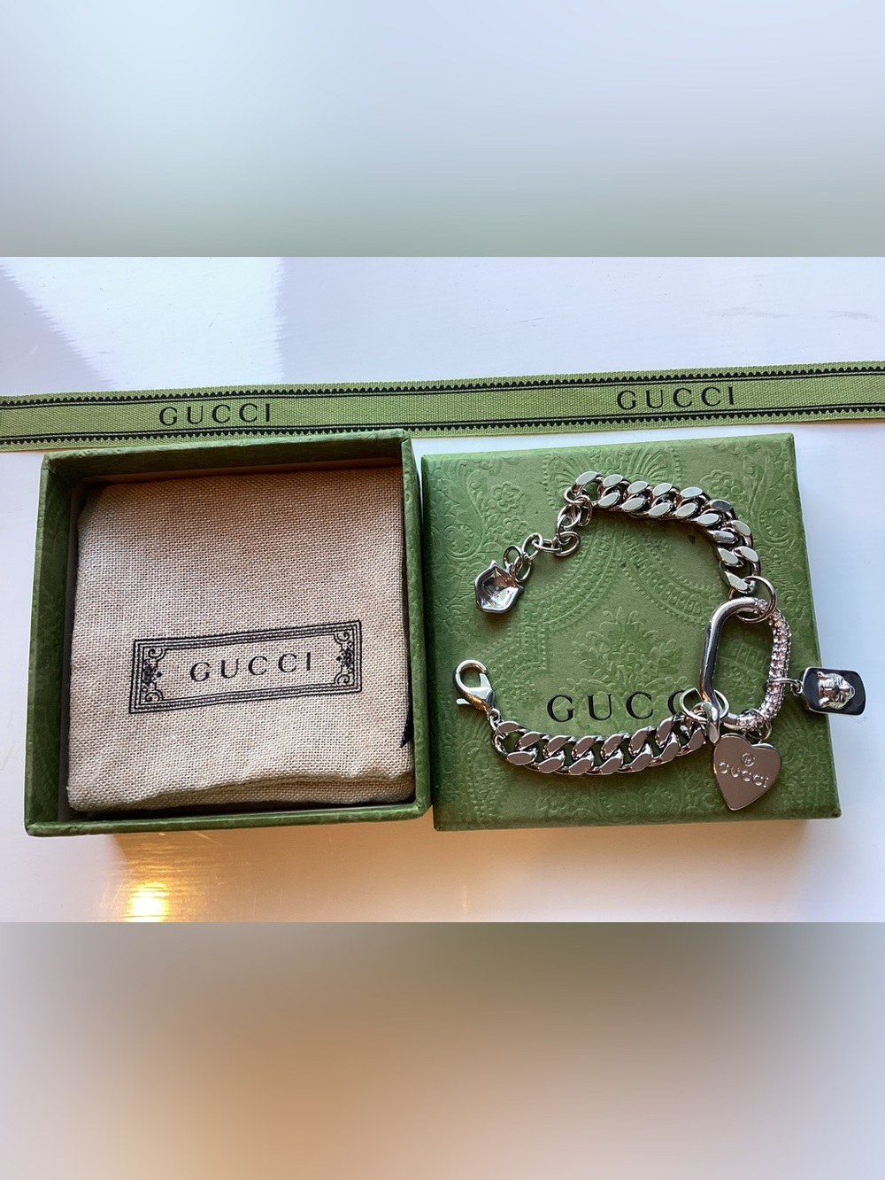 Gucci Silver Heart Lock and Curb Chain Bracelet
